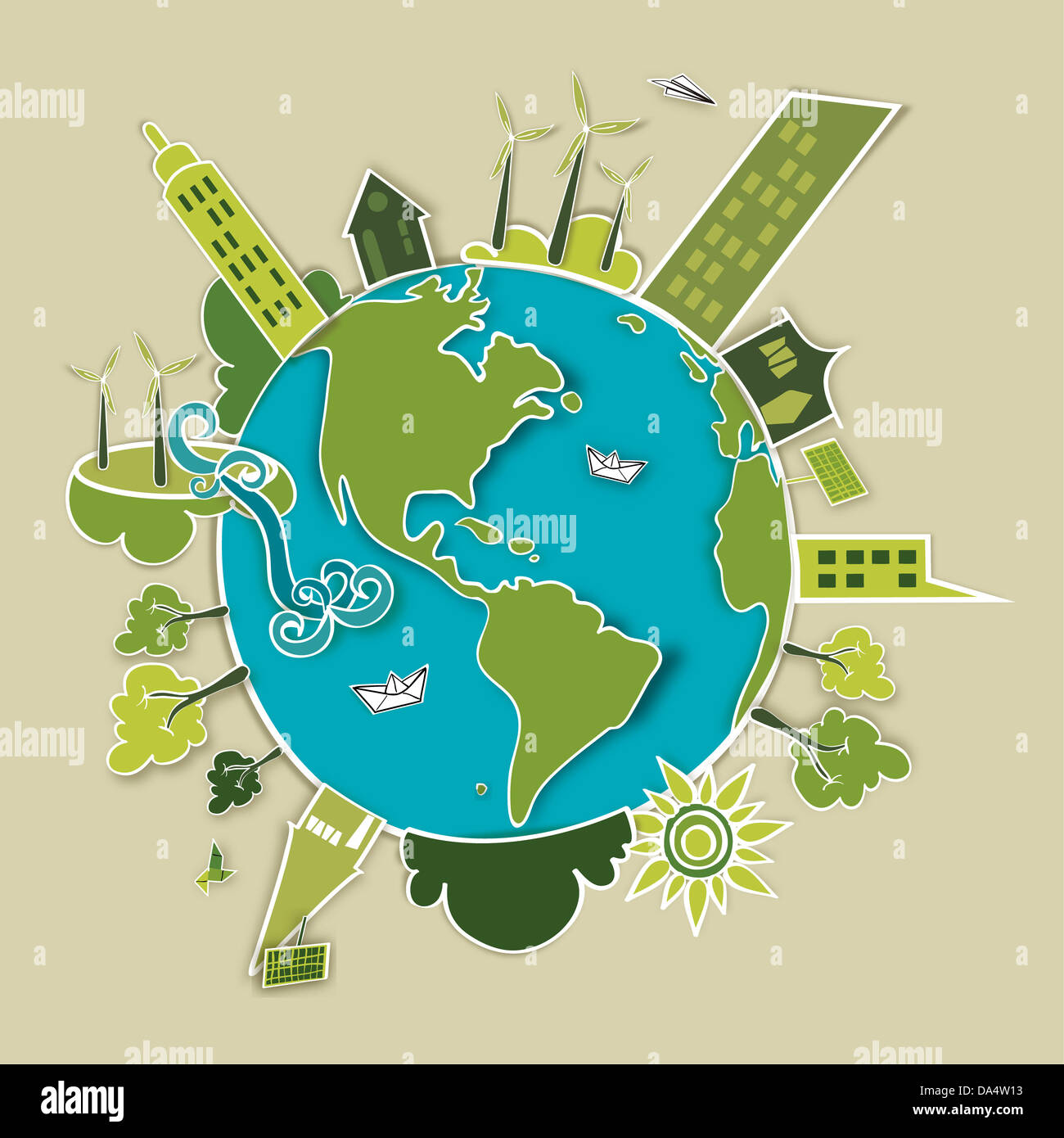 Go green concept mondo. L'industria lo sviluppo sostenibile con la conservazione ambientale Globe. Illustrazione Vettoriale stratificata di file per una facile manipolazione Foto Stock