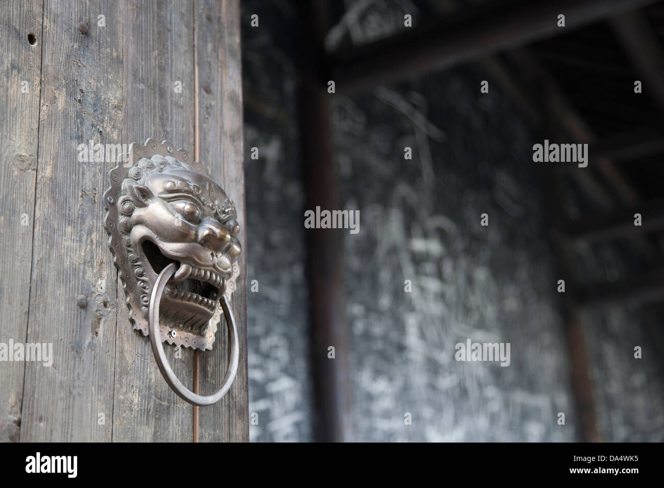 Cina, Wuzhen, Xizha Scenic Area, Lion motivo sulla maniglia della porta. Foto Stock