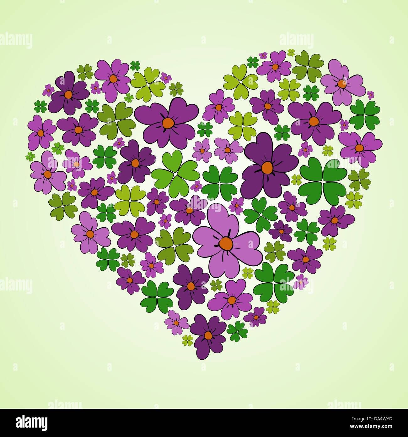 Fiori di Primavera in forma di cuore composizione dello sfondo. Illustrazione Vettoriale stratificata per una facile manipolazione e colorazione personalizzata. Foto Stock