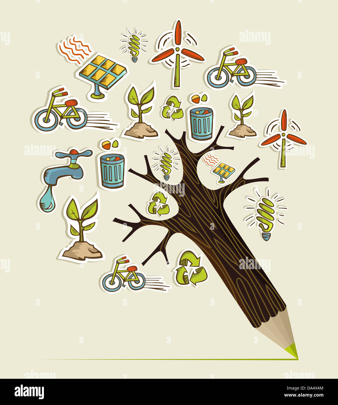 La conservazione ambientale delle icone nella struttura ad albero a matita forma. Illustrazione Vettoriale stratificata per una facile manipolazione e colorazione personalizzata. Foto Stock