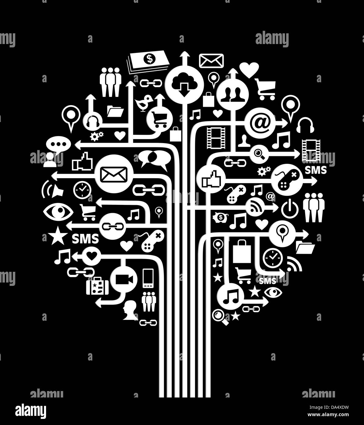 Social media un concetto di rete tree set di icone. Illustrazione Vettoriale stratificata per una facile manipolazione e colorazione personalizzata. Foto Stock