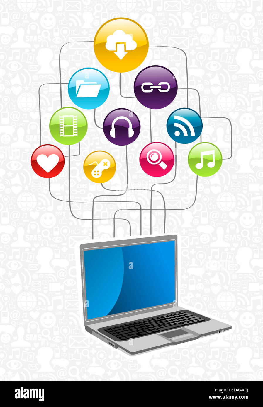 Il cloud computing app scaricare notebook icon set schema. Illustrazione Vettoriale stratificata per una facile manipolazione e colorazione personalizzata. Foto Stock