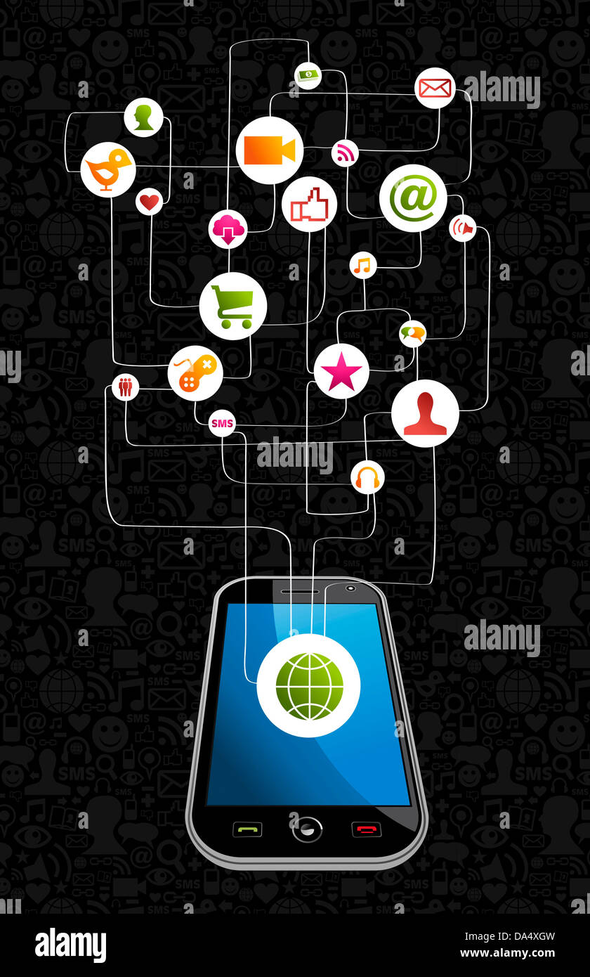 Social media icona rete schema impostato con lo smartphone. Illustrazione Vettoriale stratificata per una facile manipolazione e colorazione personalizzata. Foto Stock
