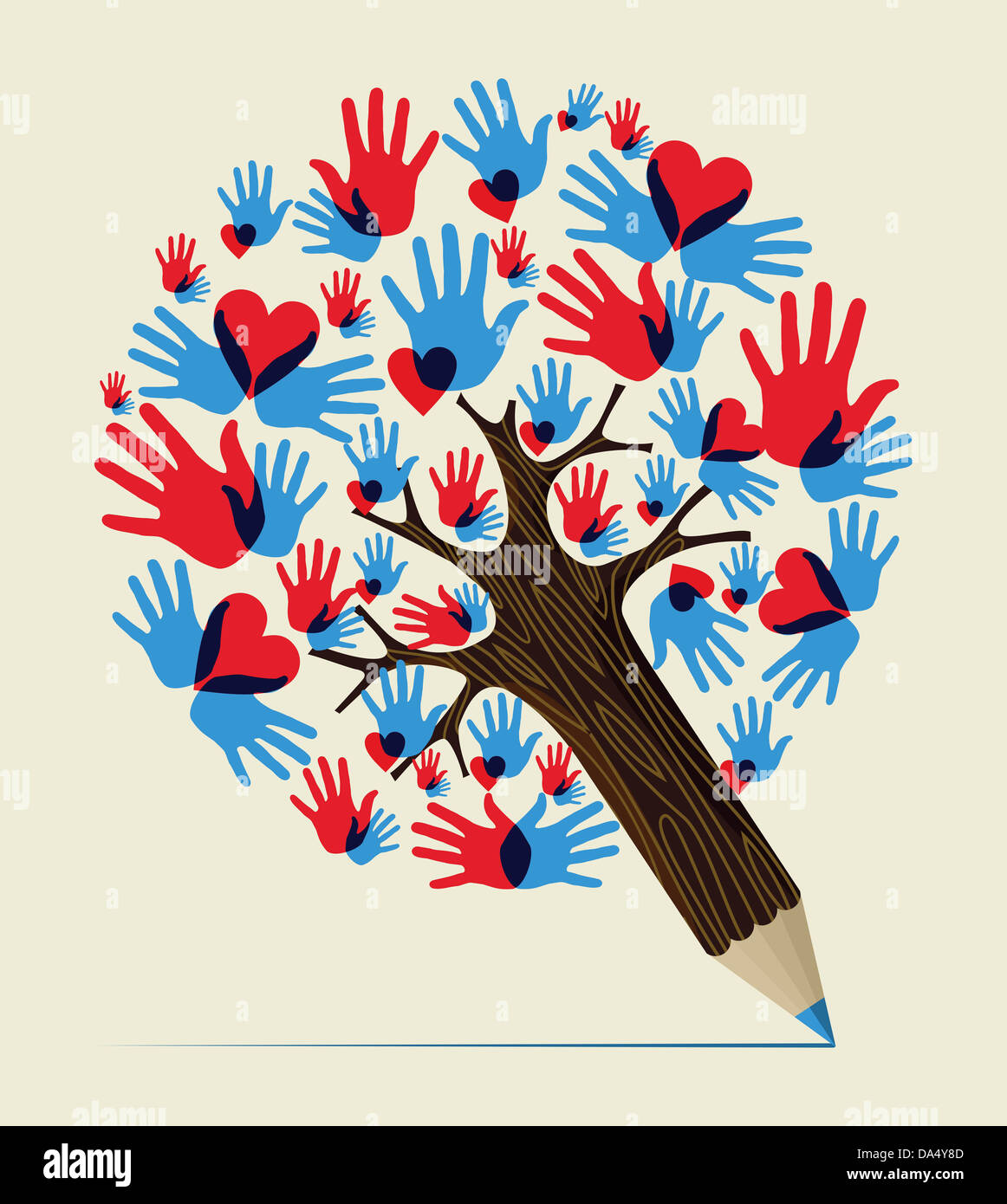 Cuore colorato mani amore matita concept design ad albero. Illustrazione Vettoriale stratificata per una facile manipolazione e colorazione personalizzata. Foto Stock