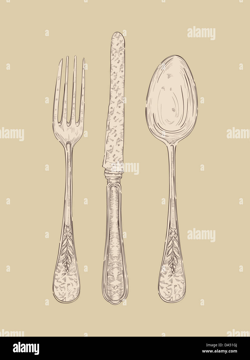 Disegnata A Mano In Argento Vintage Set Di Posate Forchetta Cucchiaio E Un Coltello File Vettoriale Stratificata Per Una Facile Manipolazione E Colorazione Personalizzata Foto Stock Alamy