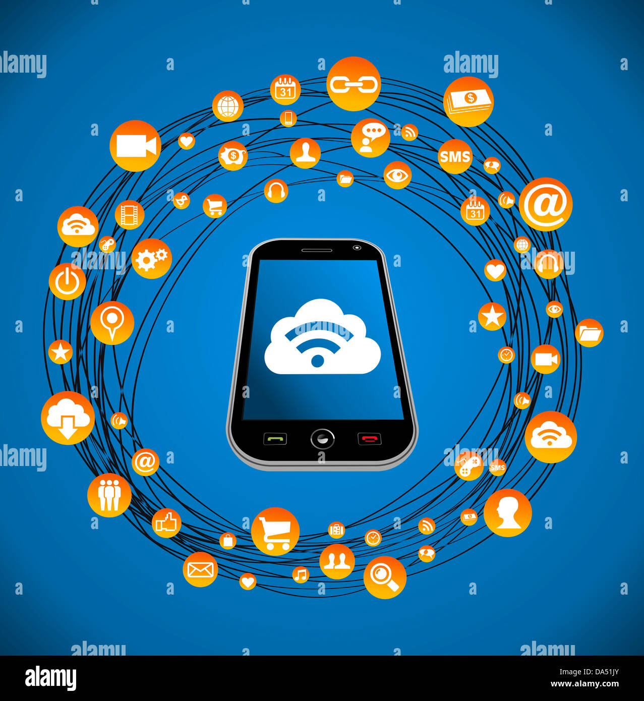 Social media network con il set di icone di cerchio e smart phone. Illustrazione Vettoriale stratificata per una facile manipolazione e colorazione personalizzata. Foto Stock