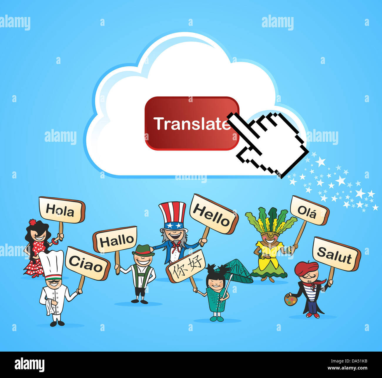 Il cloud computing concetto traduzione dello sfondo. Illustrazione Vettoriale stratificata per operazioni di editing semplici. Foto Stock