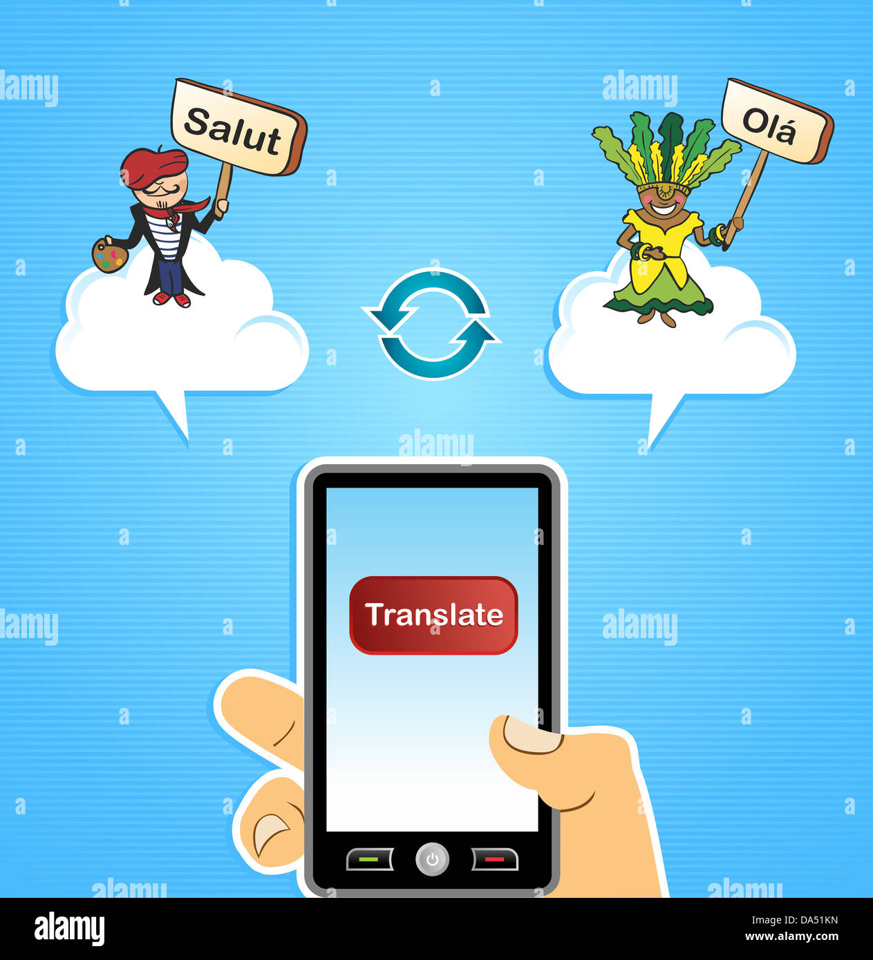 Mano con smart phone: Cloud computing traduzione francese portoghese app concetto dello sfondo. Illustrazione Vettoriale stratificata per operazioni di editing semplici. Foto Stock