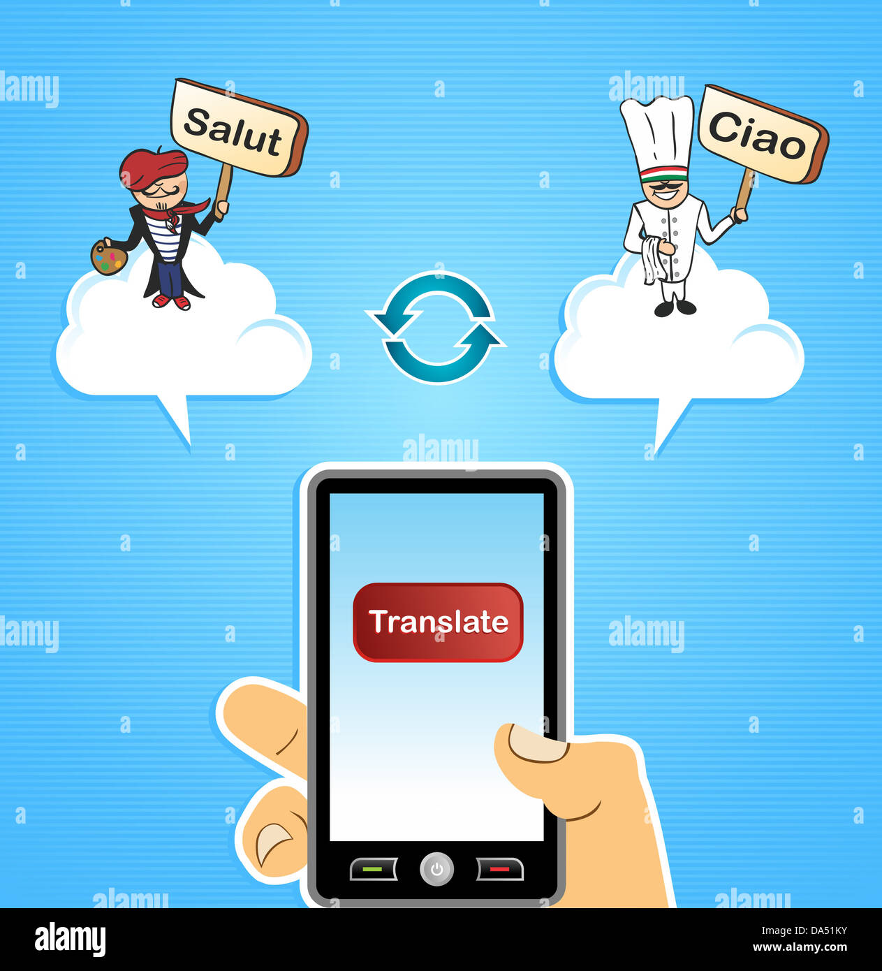 Mano con smart phone: Global popolo francese traduzione italiana concetto dello sfondo. Illustrazione Vettoriale stratificata per operazioni di editing semplici. Foto Stock
