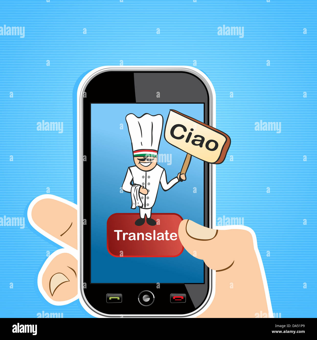 Mano che tiene una smart phone con uomo italiano software di traduzione di concetto dell'applicazione. Illustrazione Vettoriale stratificata per operazioni di editing semplici. Foto Stock