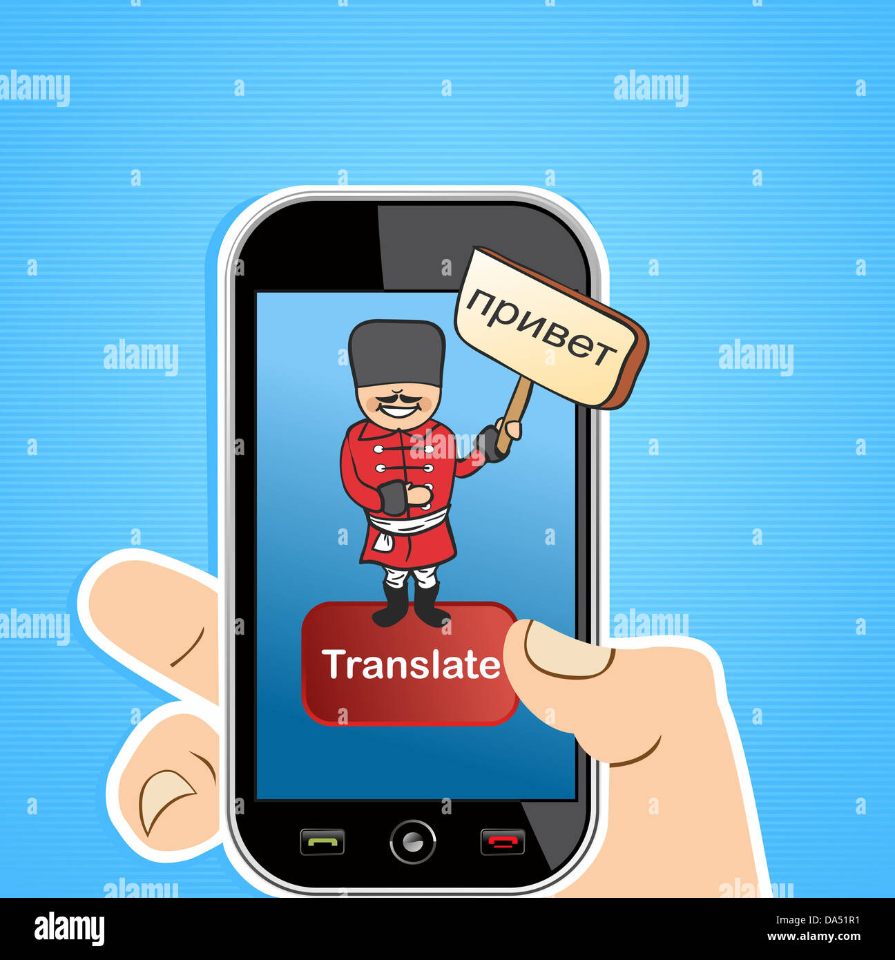Mano che tiene una smart phone con uomo russo software di traduzione di concetto dell'applicazione. Illustrazione Vettoriale stratificata per operazioni di editing semplici. Foto Stock