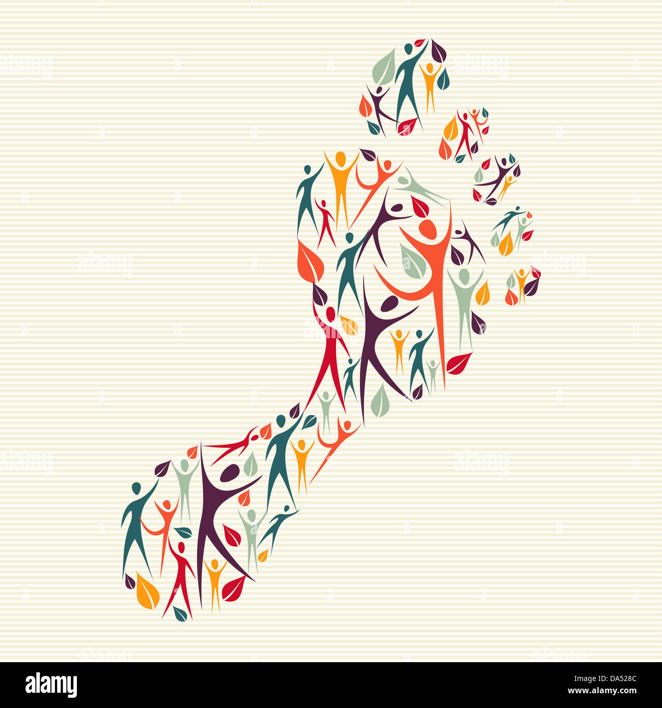 Famiglia etnica concetto forma di impronta realizzata con e sagome umane. File vettoriale stratificata per una facile manipolazione e colorazione personalizzata. Foto Stock