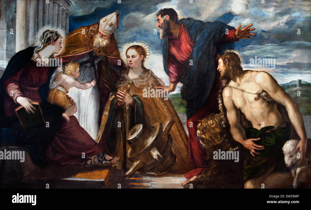 Madonna col Bambino con Santa Caterina e Sant'Agostino san Jean Baptiste Tintoretto ( Jacopo Comin ) 1518 - 1594) Italiano Jacopo Tintoretto (vero n. Foto Stock