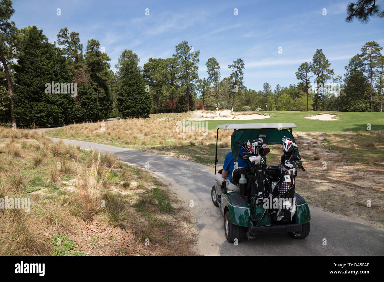 Carrello da golf sul percorso di avvicinamento, Verde, PInehurst Resort Golf Course, Pinehurst, North Carolina, NC, Stati Uniti d'America Foto Stock