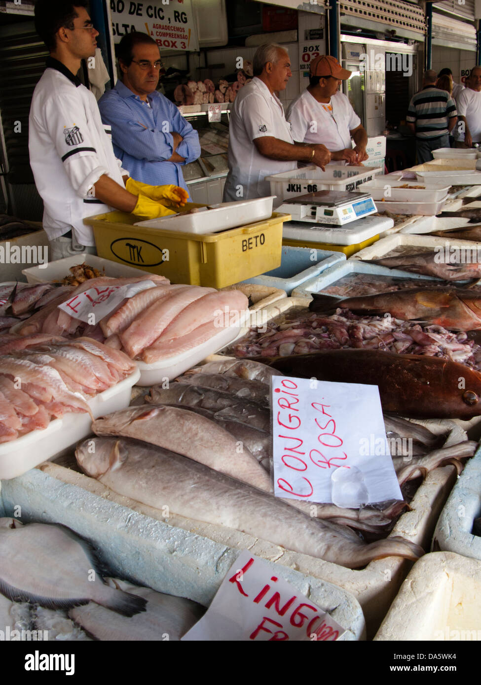 Strada locale mercato di pesca alla città di Santos, Sao Paulo, Brasile Foto Stock