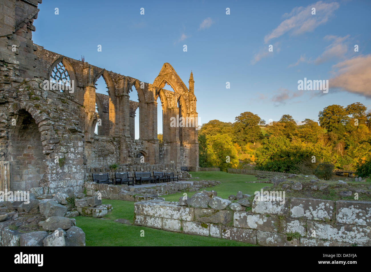 Sotto il profondo blu del cielo, vista del soleggiato, antico, pittoresche rovine monastiche di Bolton Abbey (priorato) nella pittoresca campagna - Yorkshire Dales, England, Regno Unito Foto Stock