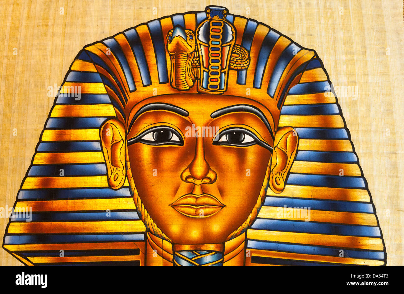 La pittura di Tutankhamun della maschera di morte su carta papiro, il Cairo, Egitto Foto Stock