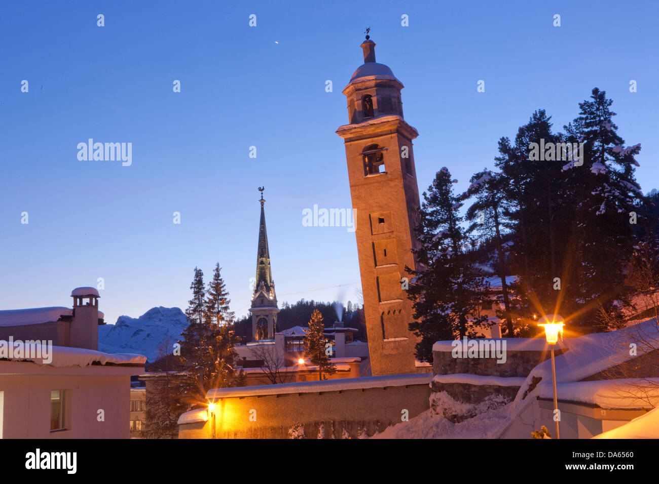 Saint Moritz, torre sghemba, rook, Torre, chiesa, religione, paese, città, inverno, Canton, GR, Grigioni, Grigioni, Engadina Engadina, Foto Stock