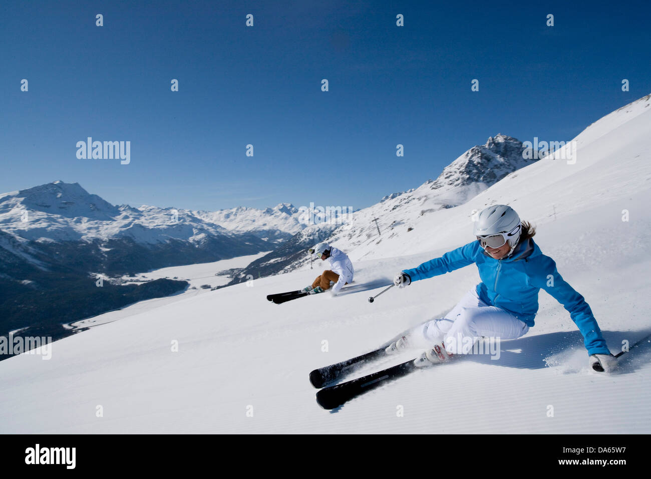Sci, Corviglia, visualizzare Oberengadin, montagna, Montagne, sci sci, sport invernali, carving, inverno, sport invernali, Canton, G Foto Stock