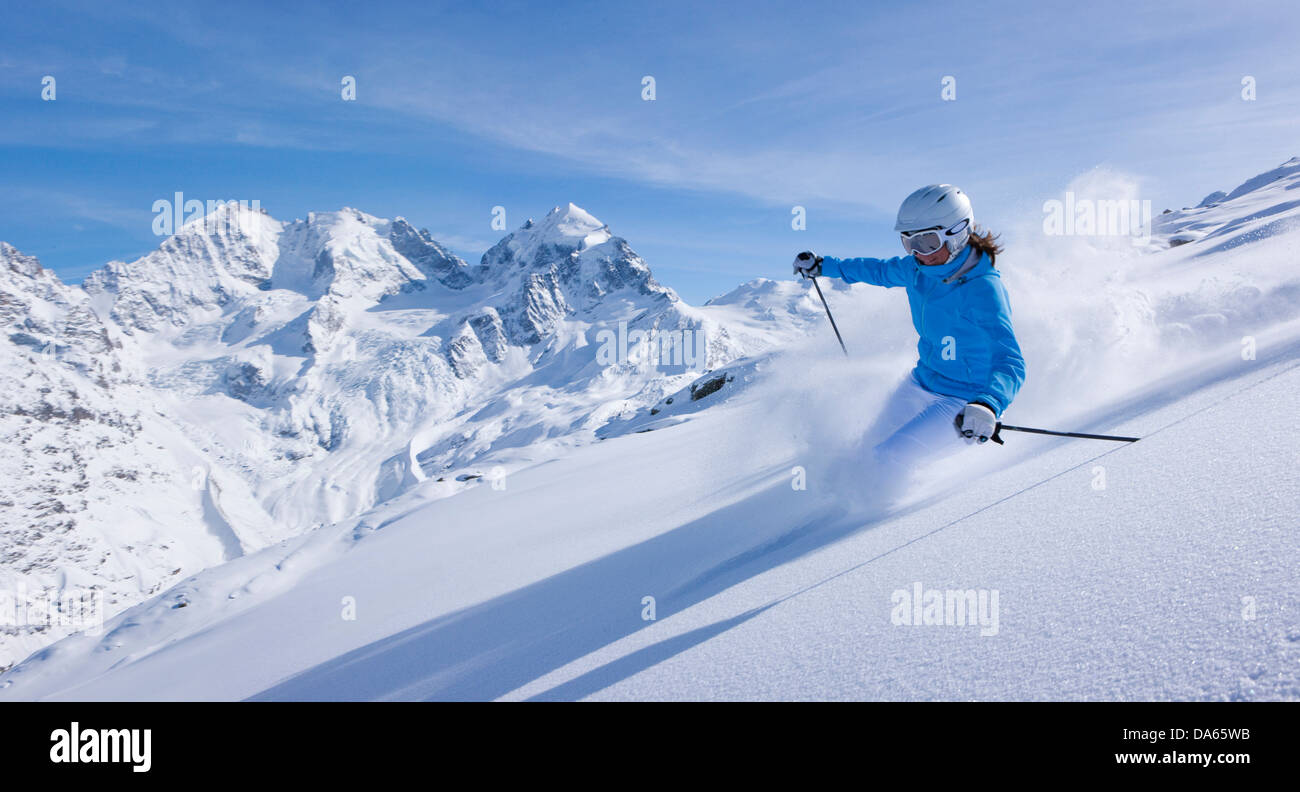 Sci, sport invernali, Corvatsch, visualizzare il Piz Bernina, montagna, montagne, neve, sci, sci, sport invernali, carving, Canton, GR, Foto Stock