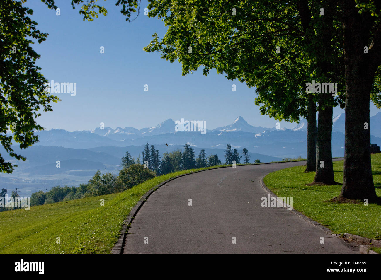 Gurten, Oberland, Alpi, montagna, montagne, il cantone di Berna, paesaggio, paesaggio, agricoltura, il traffico della strada, Svizzera, Europa Foto Stock