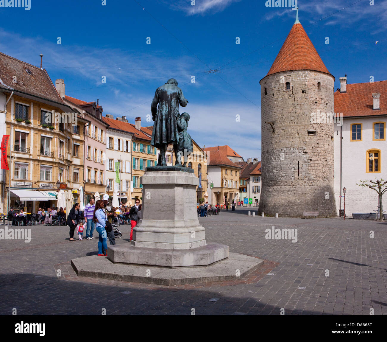 Yverdon, Castello, paese, città, Canton, VD, Vaud, Svizzera Occidentale, Svizzera, Europa, monumento, Pestalozzi, torre rook, Foto Stock