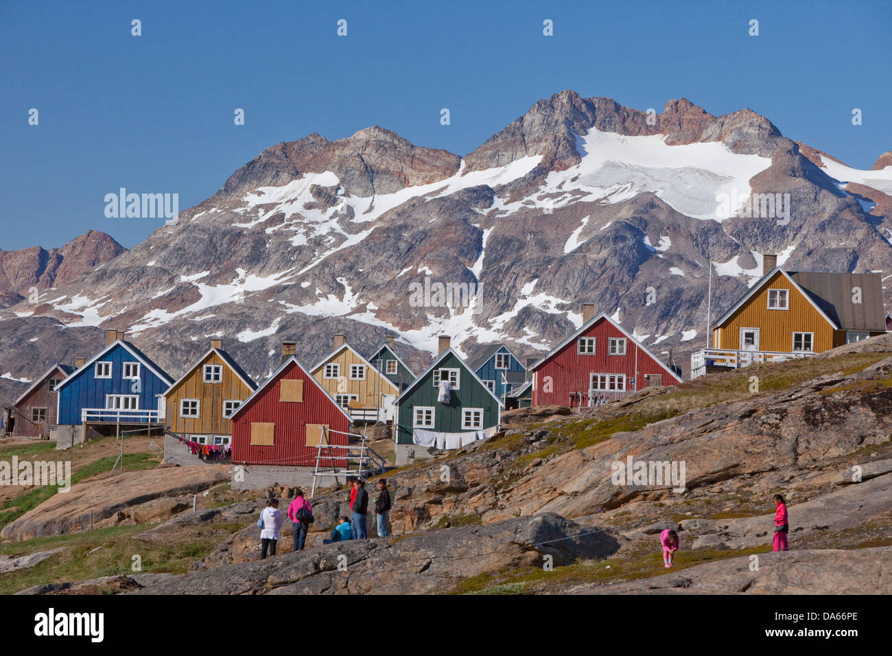 Tassiilaq, case, case, città, città della costa orientale della Groenlandia, Groenlandia, Foto Stock