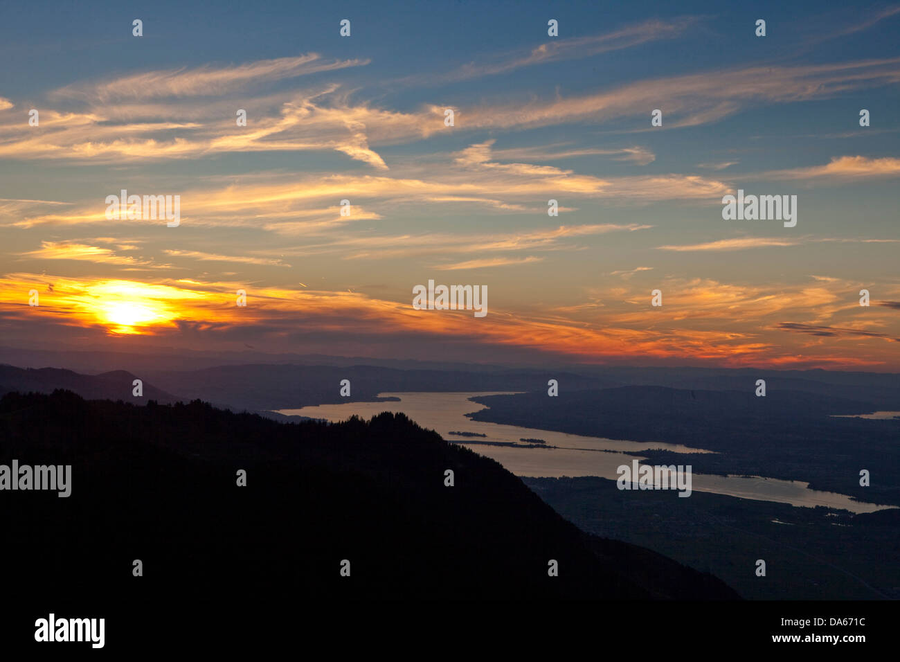 Hirzli, tramonto, tramonto, lago di Zurigo, montagna, Montagne, Lago, laghi, Canton, ZH, Zurigo, tramonto, tramonto, Svizzera, Europa Foto Stock