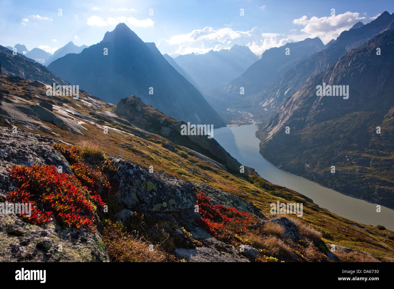 Area di Grimsel, Finsteraarhorn, montagna, montagne, autunno, natura, lago, laghi, Canton Berna, serbatoio, Svizzera, Europa, Gr Foto Stock