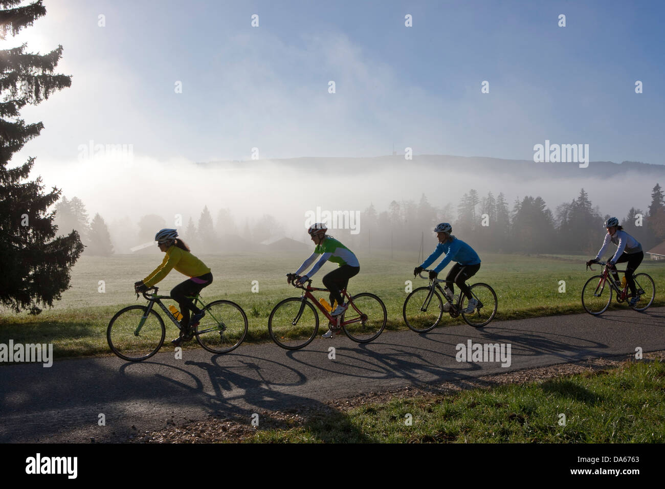 Ciclista, biker, Mont Crosin, Chasseral, agricoltura, nebbia, mare di nebbia, nebbia, Canton Berna, JU, Giura, autunno, bicicletta, biciclette, bi Foto Stock