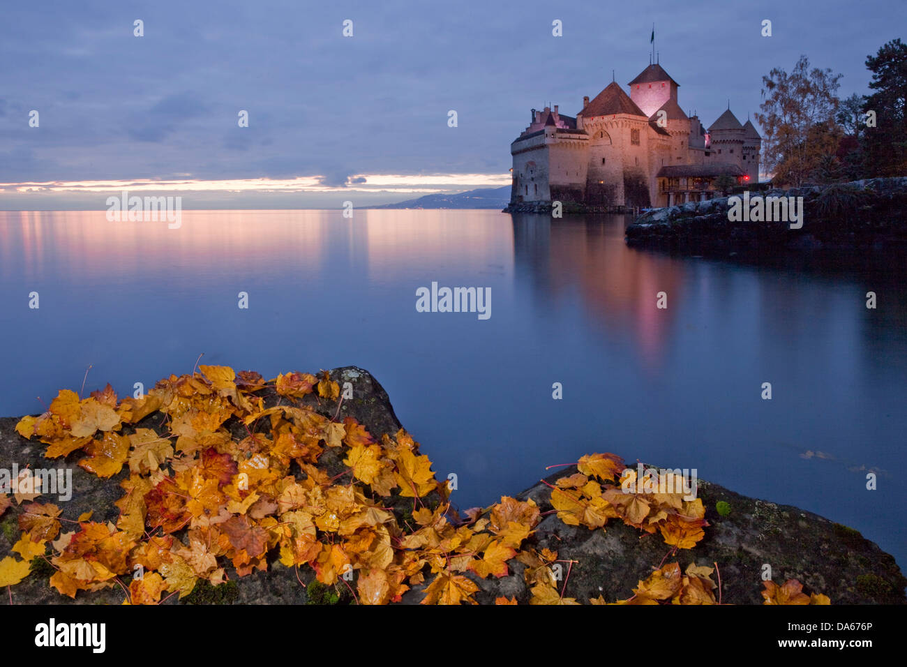 Castello di Chillon, sul lago di Ginevra, l'autunno, notte scura, castello, lago, laghi, Canton, VD, Vaud, Lac Leman, Svizzera, Europa, foglie Foto Stock