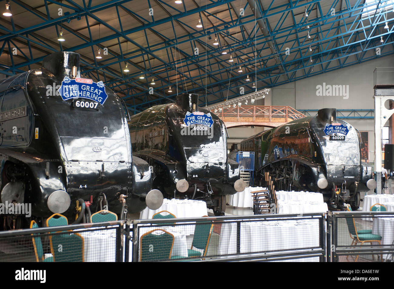 Grande raduno di A4 class locomotive a vapore al National Railway Museum di York Foto Stock