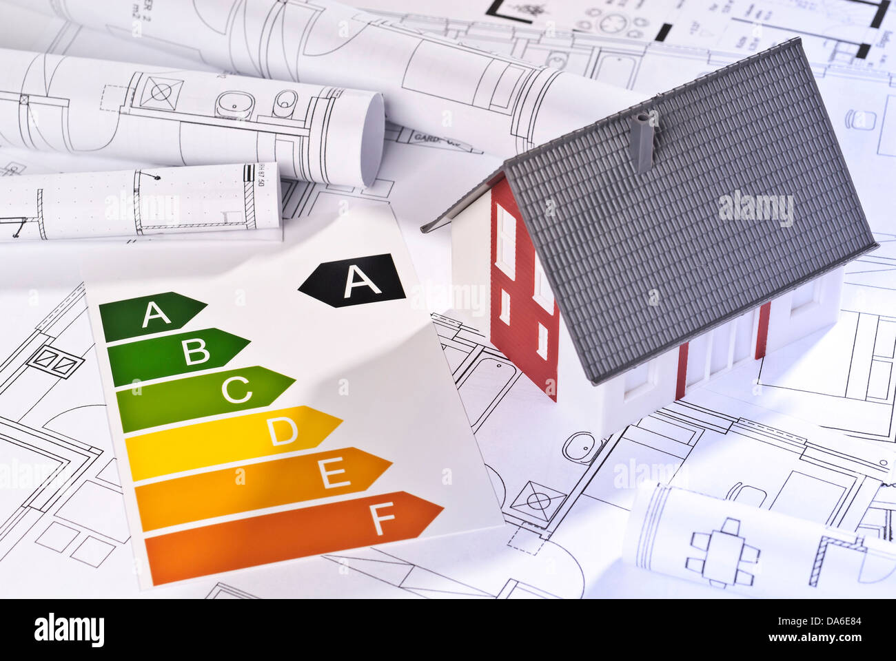 Efficienza energetica delle etichette, modello architetturale e blueprint. Foto Stock