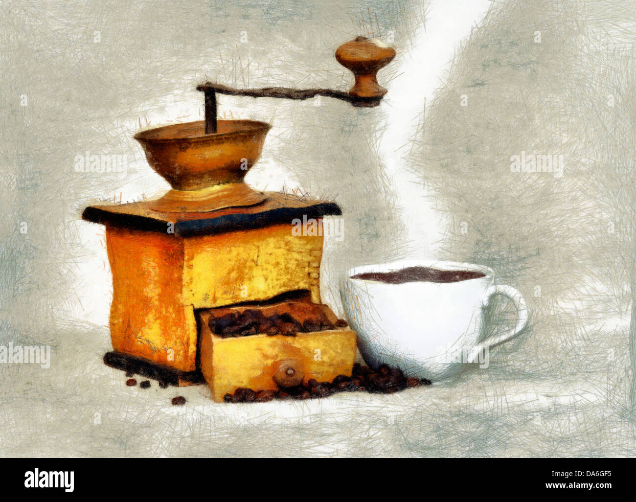 Macinino da caffè con i chicchi di caffè una tazza calda di caffè nero Foto Stock