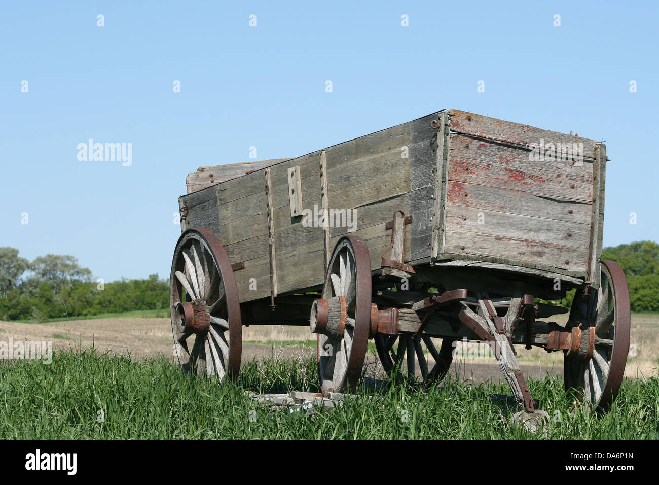 Un abbandonato in legno carro del grano in un campo le praterie in primavera a Morden, Manitoba, Canada Foto Stock