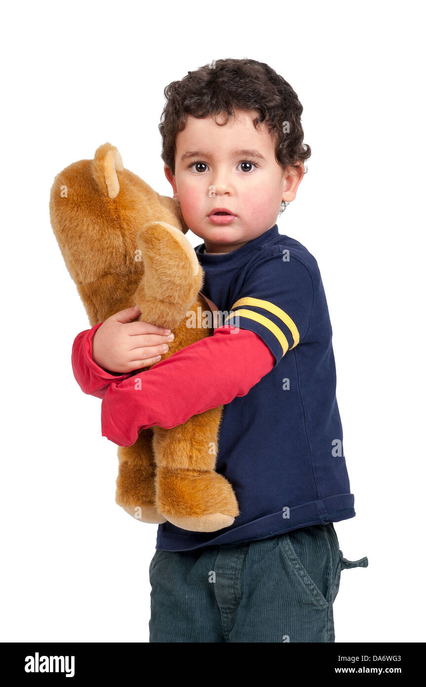 Ragazzo con Teddy bear isolato in bianco Foto Stock