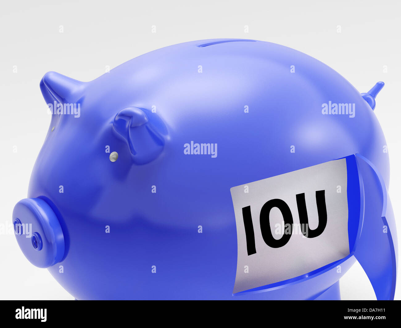 IOU In Piggy che mostra i debiti della disoccupazione e di recessione Foto Stock