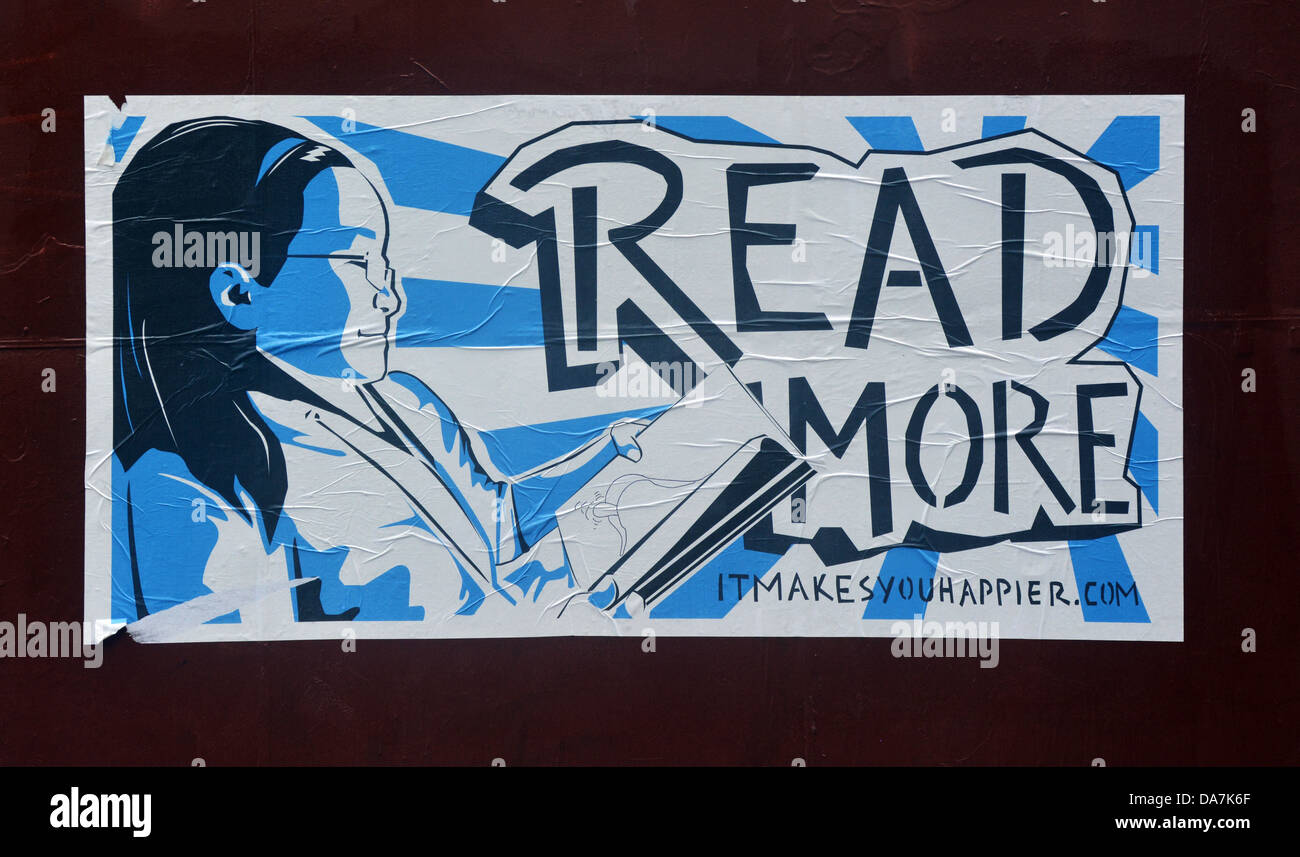 Un segno nella sezione di Williamsburg di Brooklyn New York destinato a ridurre lo stress, invitando la gente a leggere di più Foto Stock