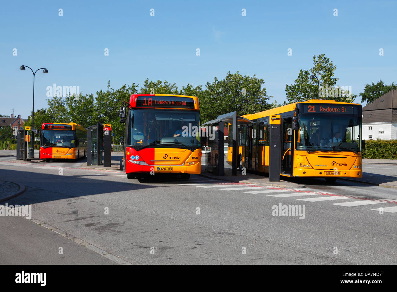 Tre autobus urbani presso il terminal degli autobus di Hellerup stazione ferroviaria a nord di Copenhagen Foto Stock