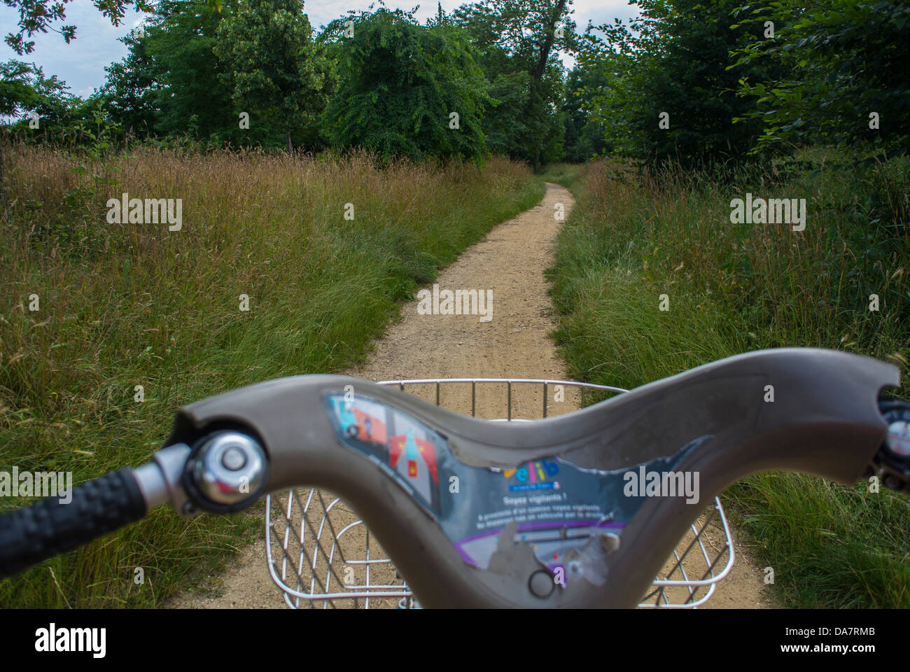 Parigi, Francia, bicicletta nel parco pubblico, Bois de Vincennes, giorno estivo, dettaglio, Handelbars, Parco Urbano Francese, programma di condivisione bici pubblico Foto Stock