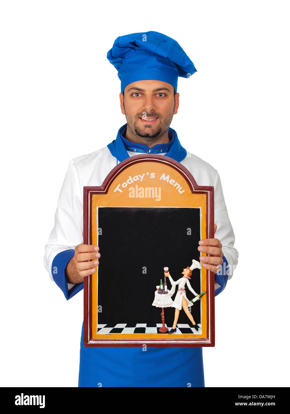 Bello chef con menu isolati su sfondo bianco Foto Stock