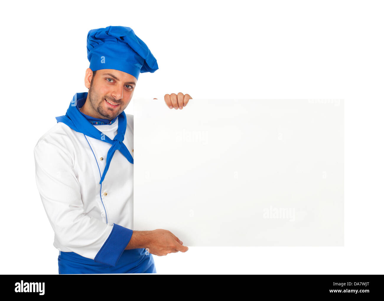Chef con il segno pubblicità su sfondo bianco Foto Stock