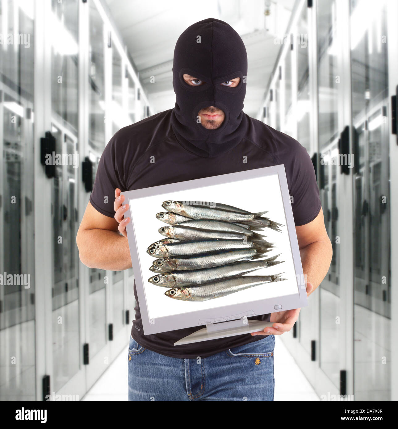 La metafora del phishing con hacker Foto Stock