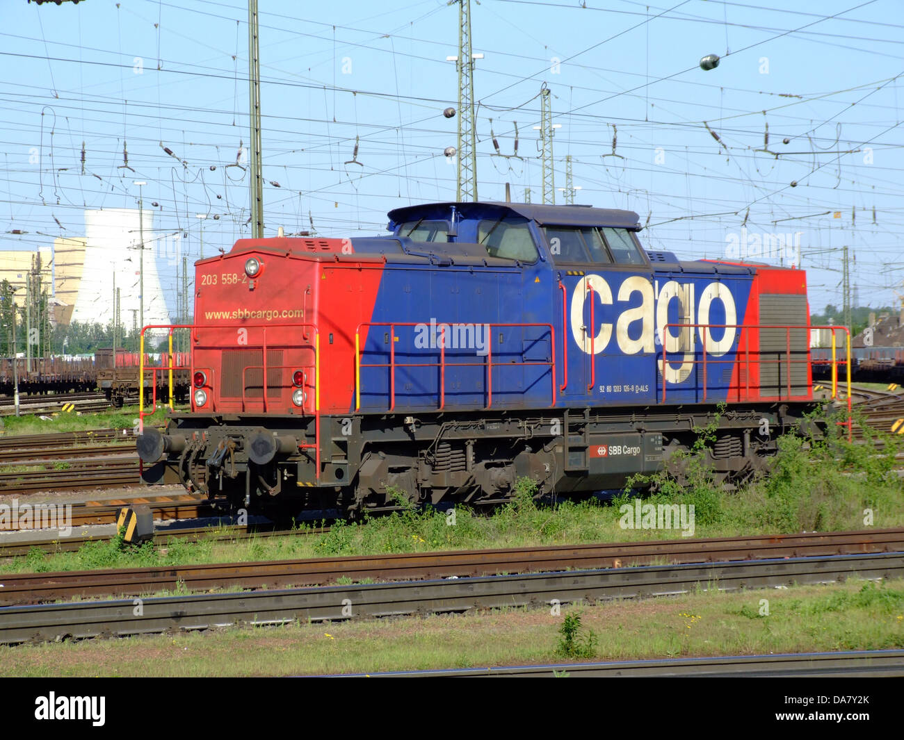FFS Cargo 203 558-250771 è una moderna locomotiva elettrica gestita dalle Ferrovie federali Svizzere (FFS) per il trasporto merci. Nota per la sua efficienza, fa parte di una flotta che gestisce movimenti di carico significativi in tutta la Svizzera e nei paesi limitrofi, giocando un ruolo cruciale nella logistica europea. Foto Stock