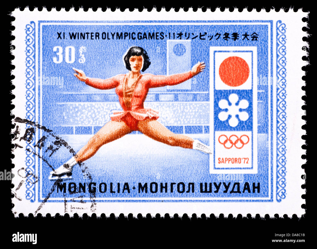 Francobollo dalla Mongolia raffigurante una figura femminile di skater. rilasciato per le Olimpiadi Invernali del 1972 a Sapporo, Giappone. Foto Stock