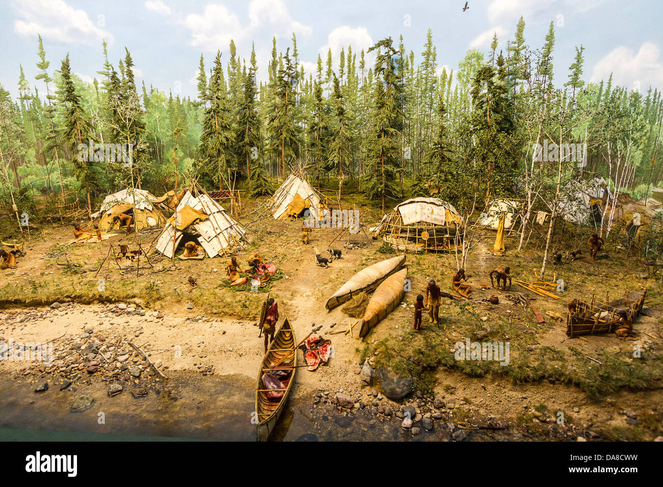 Visualizzazione di Algonquin Indian camp a inizio estate durante il pre giornate europee, Manitoba Museum, Winnipeg Foto Stock