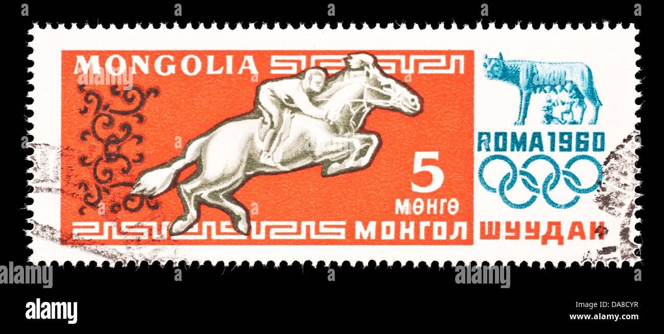 Francobollo dalla Mongolia raffigurante un cavaliere equestre, rilasciati per il 1960 Giochi Olimpici a Roma, 1960. Foto Stock