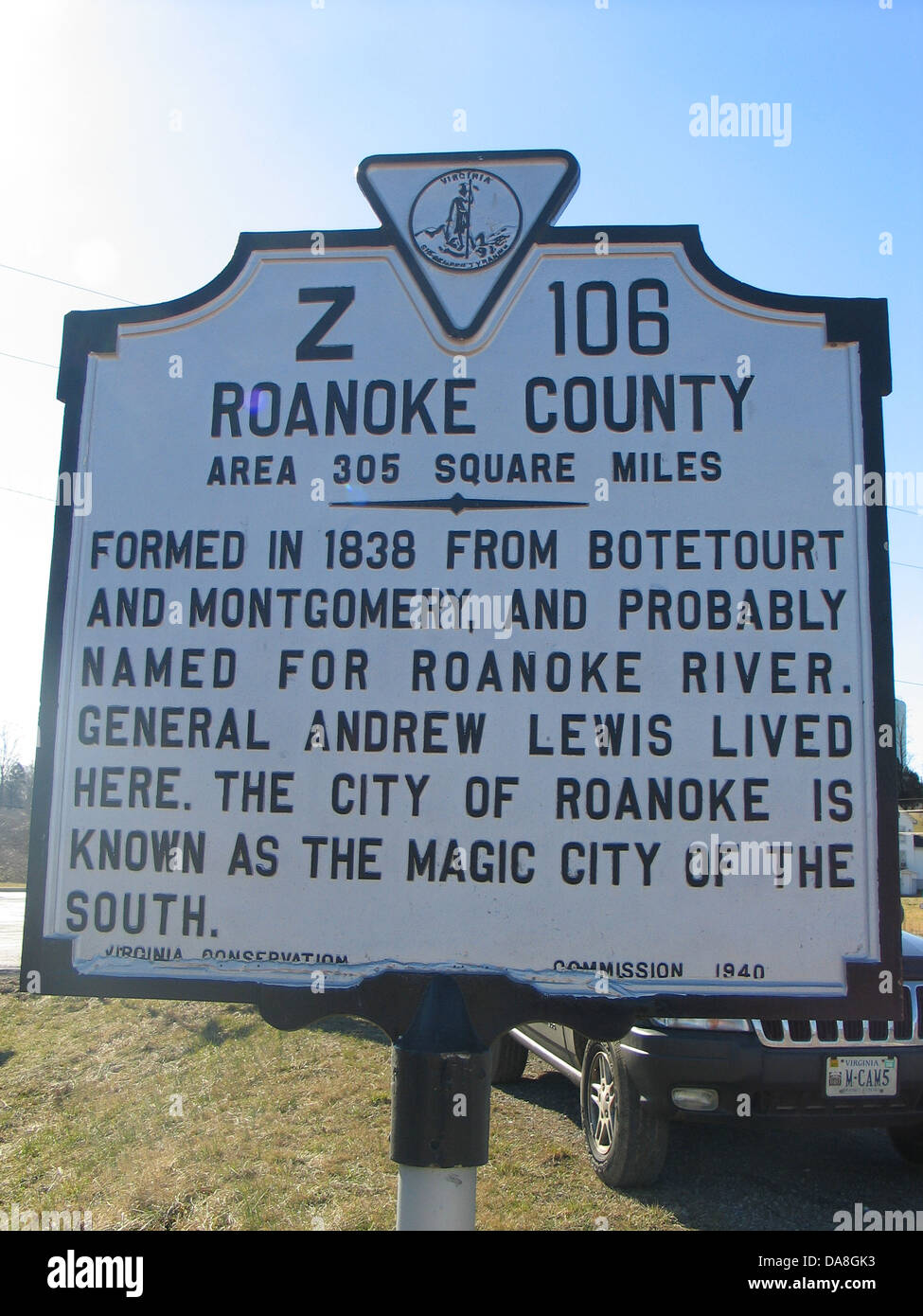 La contea di Roanoke Area 305 miglia quadrate formata nel 1838 da Botetourt e Montgomery, e probabilmente chiamato con il nome di Roanoke River. Generale Andrew Lewis ha vissuto qui. La città di Roanoke è conosciuta come la città magica del sud. Virginia conservazione Commissione, 1940. Foto Stock