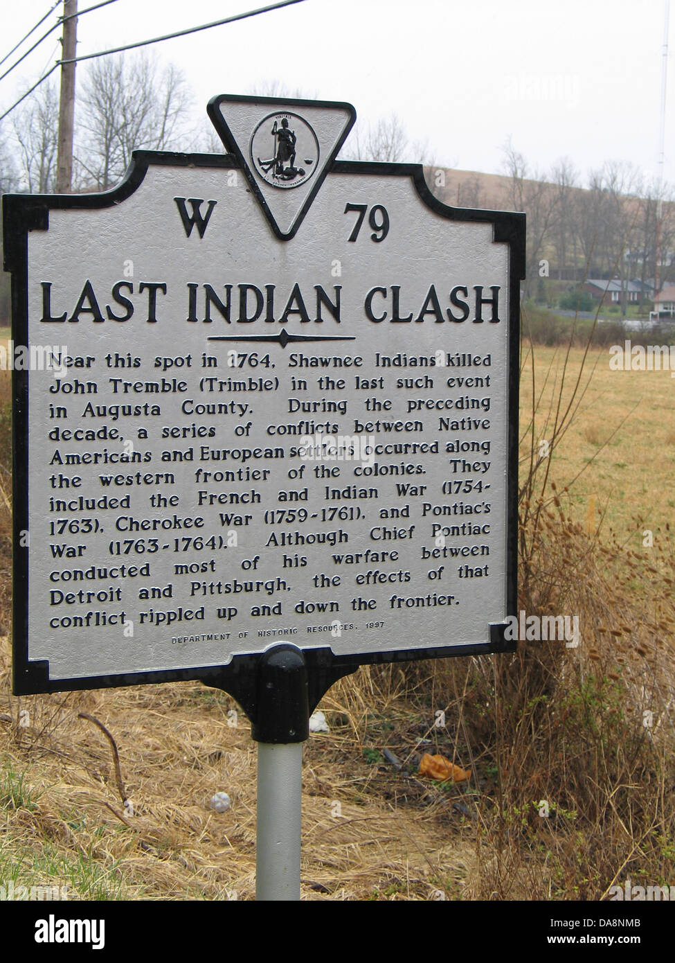 Ultimo scontro indiano vicino a questo posto nel 1764, Shawnee Indiani assassinati Giovanni tremare (Trimble) nell'ultima tale evento nella contea di Augusta. Nel corso del decennio precedente, una serie di conflitti tra i nativi americani e colonizzazione europea è avvenuto lungo la frontiera occidentale delle colonie. Essi comprendevano la guerra di indiano e francese (1754-1763), Cherokee guerra (1759-1761), e la Pontiac di guerra (1763-1764). Sebbene Chief Pontiac condotte la maggior parte delle sue guerre tra Detroit e Pittsburgh, gli effetti di tale conflitto increspata su e giù lungo la frontiera. Dipartimento di risorse storiche, 1997 Foto Stock
