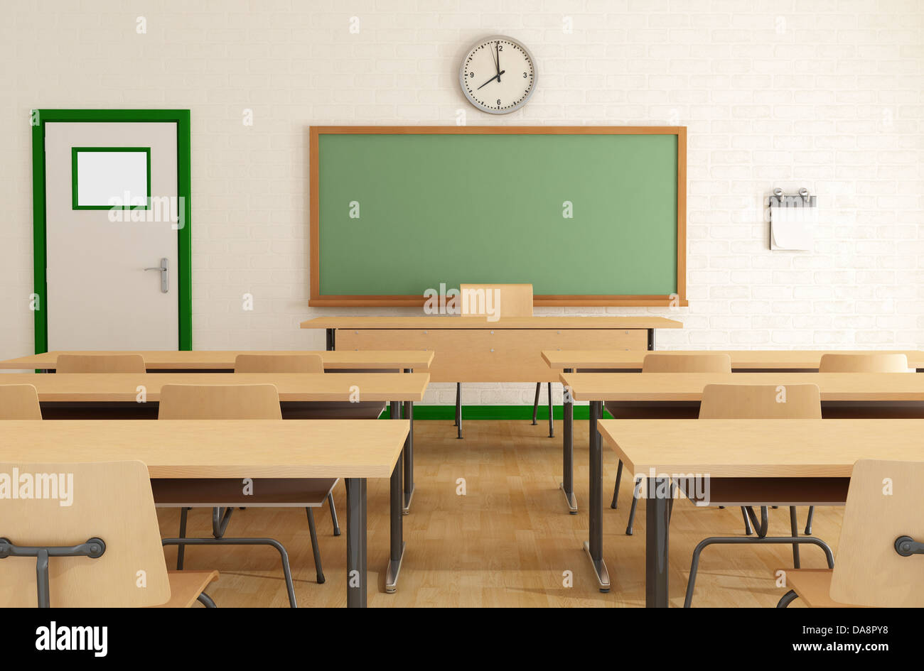 Classe senza studente con lavagna verde- rendering Foto Stock